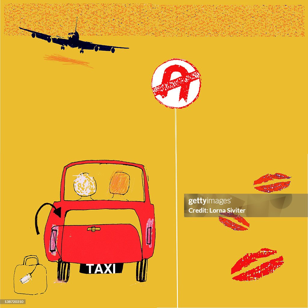 A taxi cab and a plane overhead