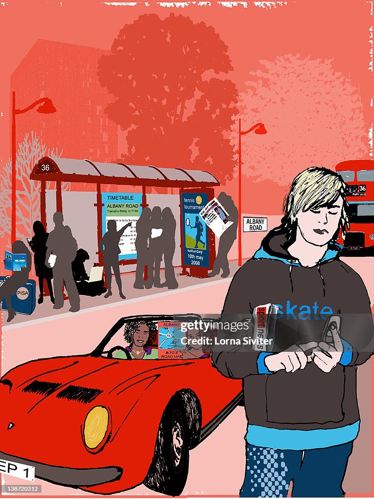Two girls in a car in the background and a teen in the foreground