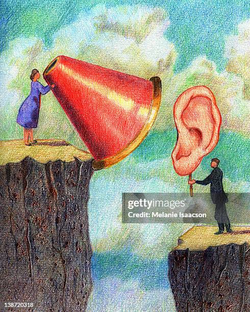 ilustrações, clipart, desenhos animados e ícones de a businessman holding up a big ear to a big megaphone - apresentação comercial