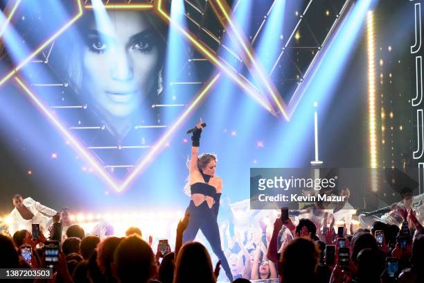 Honoree Jennifer Lopez performs onstage at the 2022 iHeartRadio Music Awards at The Shrine Auditorium in Los Angeles, California on March 22, 2022....
