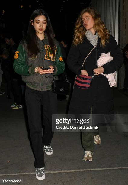 Models Mika Schneider and Mariam de Vinzelle are seen outside the Ralph Lauren AW22 show on March 22, 2022 in New York City.