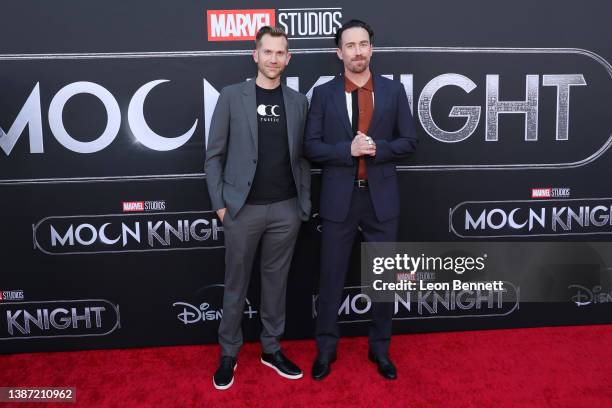 Aaron Moorhead and Justin Benson attends the premiere of Marvel Studios' "Moon Knight" at El Capitan Theatre on March 22, 2022 in Los Angeles,...