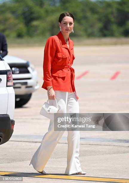 Catherine, Duchess of Cambridge at Philip S. W Goldson International Airport with Prince William, Duke of Cambridge departing Belize for Jamaica to...