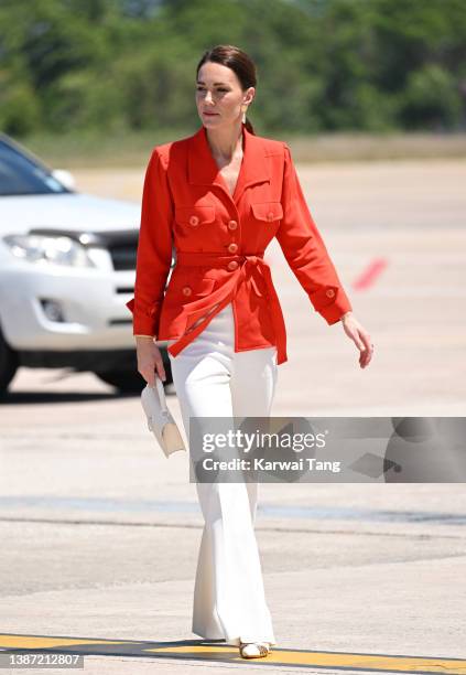 Catherine, Duchess of Cambridge at Philip S. W Goldson International Airport with Prince William, Duke of Cambridge departing Belize for Jamaica to...