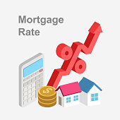 Interest rate hike due to inflation percentage rising up, FED, federal reserve or central bank monetary policy. The concept of increasing the cost of housing. High demand for real estate. The growth of rent and mortgage rates.