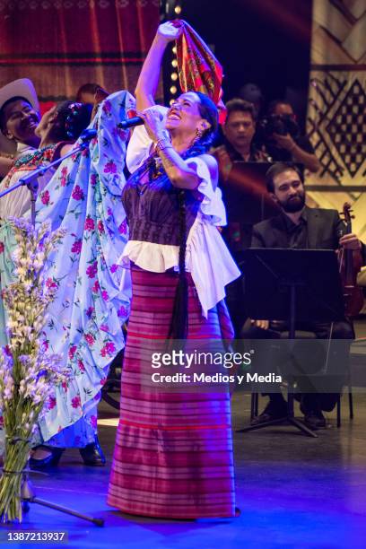 Lila Downs performs during a concert at Palacio de Bellas Artes on March 22, 2022 in Mexico City, Mexico.