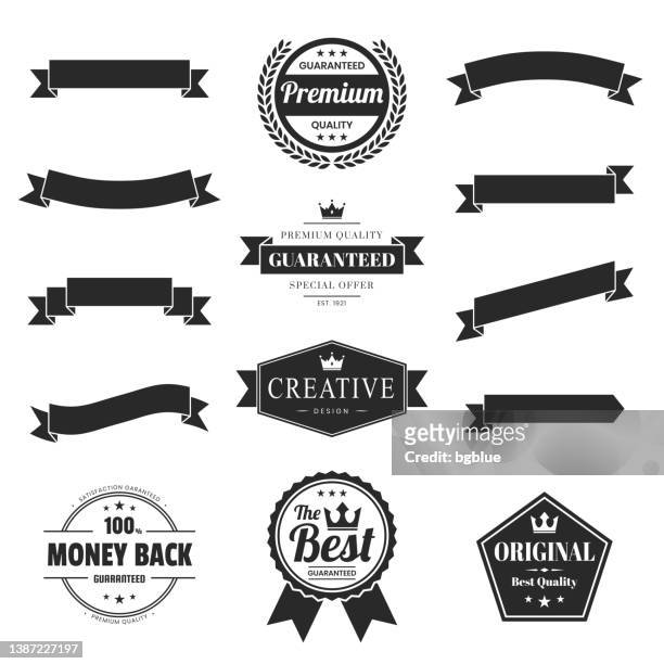 set of black ribbons, banners, badges, labels - design elements on white background - banner stock illustrations
