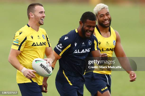 Clint Gutherson of the Eels laughs during a Parramatta Eels NRL training session at Kellyville Park on March 23, 2022 in Sydney, Australia.