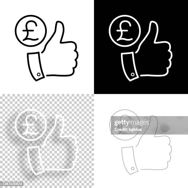 pfund münze mit daumen nach oben. icon für design. leere, weiße und schwarze hintergründe - liniensymbol - thumb stock-grafiken, -clipart, -cartoons und -symbole