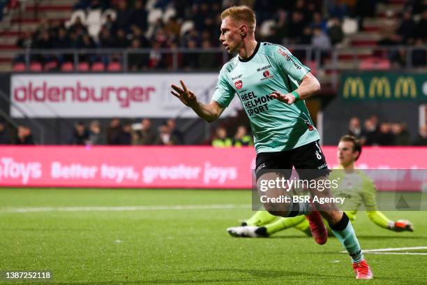 Jellert Van Landschoot of Helmond Sport celebrates after scoring his sides first goal during the Dutch Keukenkampioendivisie match between FC Emmen...