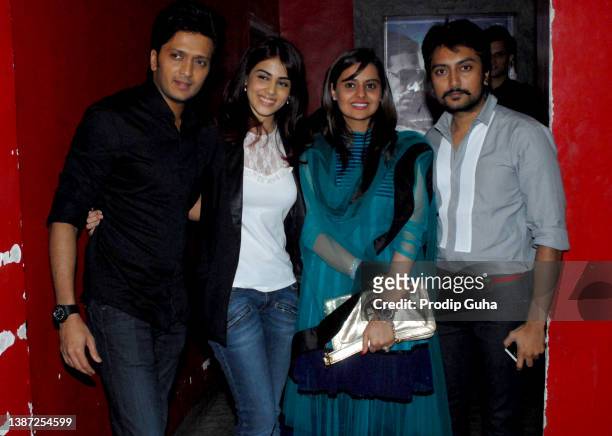 Ritesh Deshmukh, Genelia D'souza,Deepshikha Deshmukh and Dhiraj Deshmukh attend the marathi film special screening 'BALAK PALAK' on January 02, 2013...