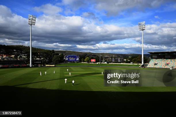 General View during day one of the Sheffield Shield match between Tasmanian Tigers and Queensland Bulls at Blundstone Arena, on March 23 in Hobart,...