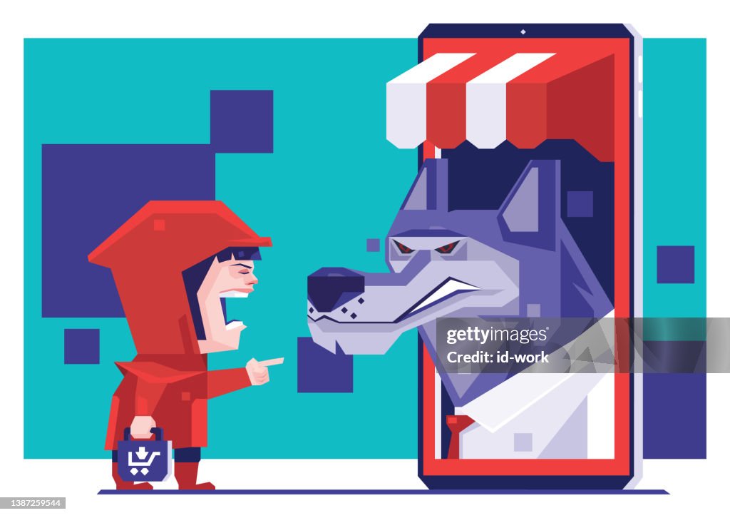 Little girl pointing and blaming displeased wolf via smartphone