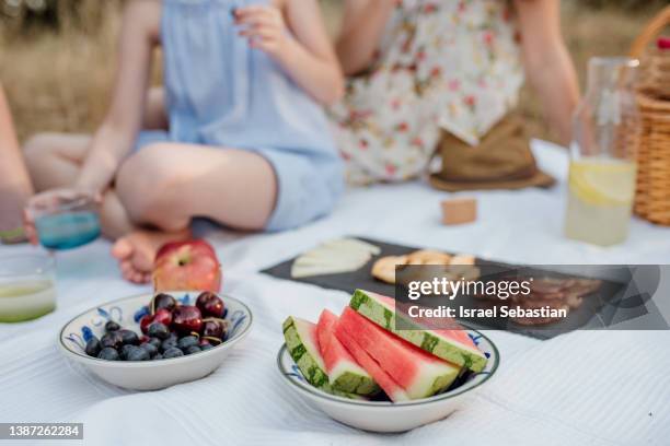 close up of a blanket with food and drinks for a picnic day outdoors. - fruits table top stockfoto's en -beelden