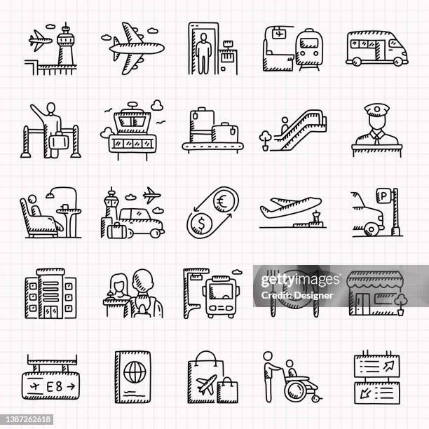 airport elements hand drawn icons set, doodle style vector illustration - garage gate stock illustrations