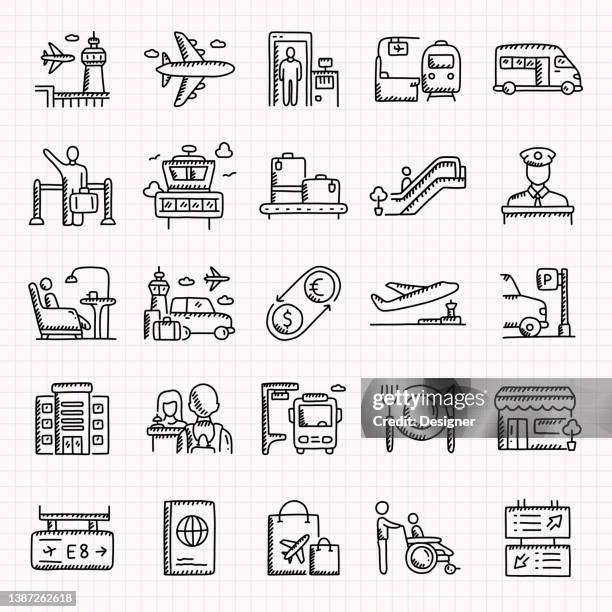 airport elements hand drawn icons set, doodle style vector illustration - escalator icon stock illustrations