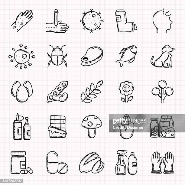 allergie und grundlegende allergene handgezeichnete icons set, doodle style vector illustration - frühling pollen stock-grafiken, -clipart, -cartoons und -symbole