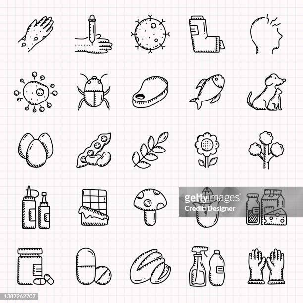 ilustraciones, imágenes clip art, dibujos animados e iconos de stock de alergia y alérgenos básicos conjunto de iconos dibujados a mano, ilustración vectorial de estilo garabato - diarrhea