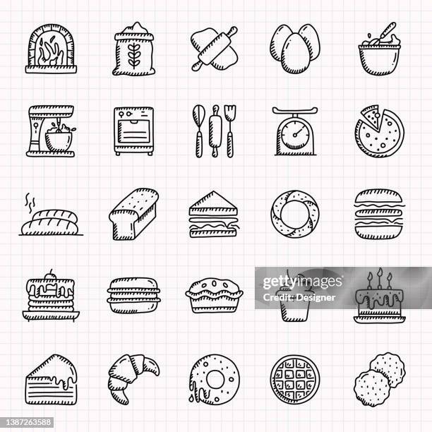 ilustraciones, imágenes clip art, dibujos animados e iconos de stock de conjunto de iconos dibujados a mano de panadería, ilustración vectorial de estilo garabato - america patisserie