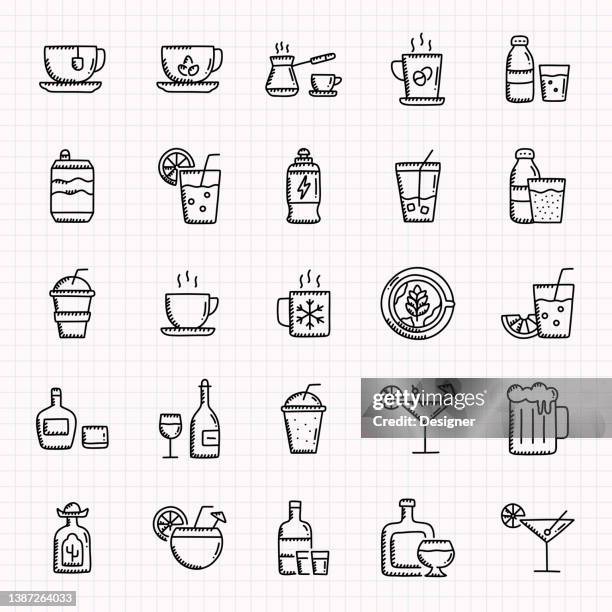 beverages hand drawn icons set, doodle style vector illustration - juice bottle stock illustrations