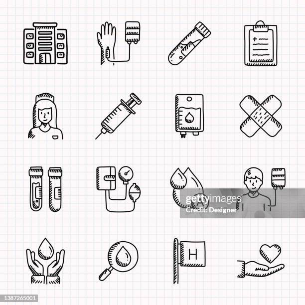 blood donation hand drawn icons set, doodle style vector illustration - liquid medical stock illustrations