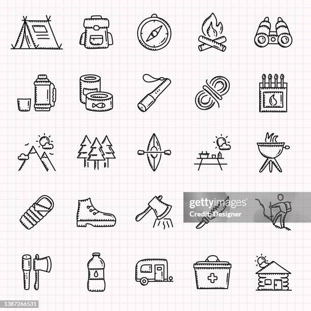 camping und outdoor erholung handgezeichnete icons set, doodle style vector illustration - camping stock-grafiken, -clipart, -cartoons und -symbole