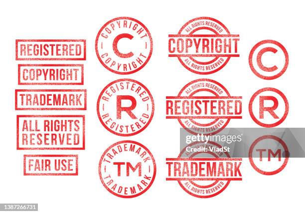 stockillustraties, clipart, cartoons en iconen met copyright rubber stamps registered trademark intellectual property - intellectueel eigendom