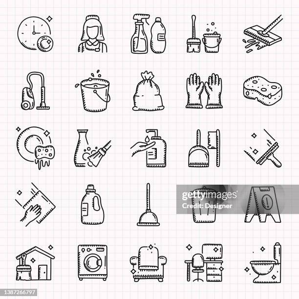 cleaning hand drawn icons set, doodle style vector illustration - pencil drawing stock illustrations