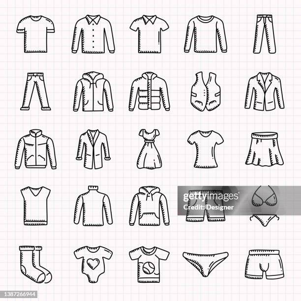 clothes related hand drawn icons set, doodle style vector illustration - jeans icon stock illustrations