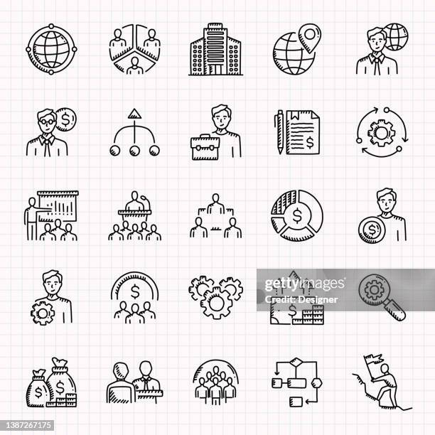 company structure hand drawn icons set, doodle style vector illustration - workflow efficiency stock illustrations