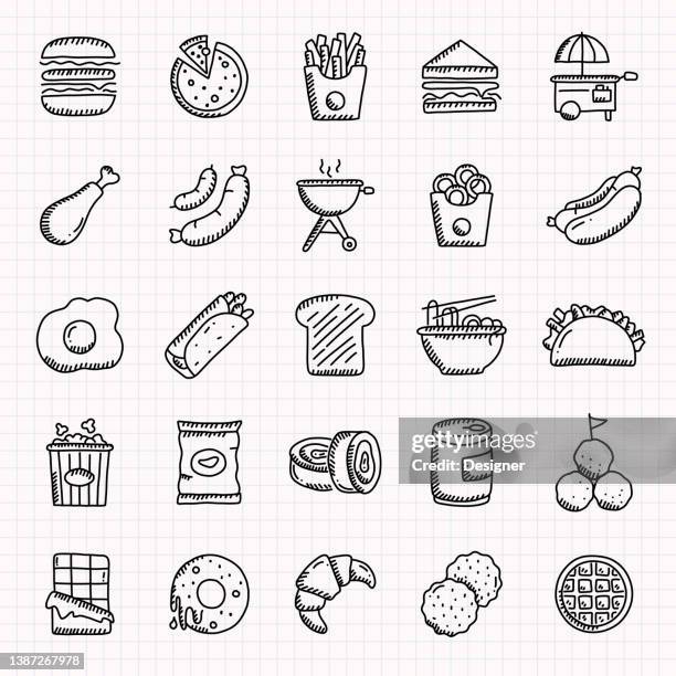 illustrazioni stock, clip art, cartoni animati e icone di tendenza di set di icone disegnate a mano del fast food, illustrazione vettoriale dello stile doodle - bbq sandwich