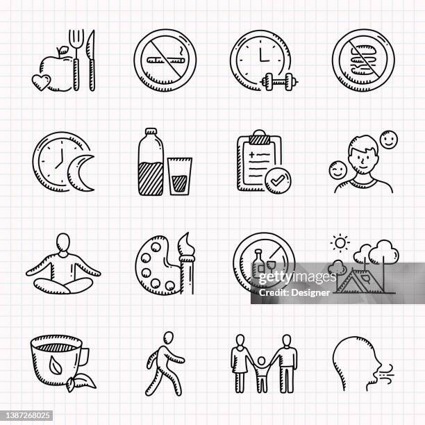 illustrazioni stock, clip art, cartoni animati e icone di tendenza di set di icone disegnate a mano per uno stile di vita sano, illustrazione vettoriale in stile doodle - fibra dietetica