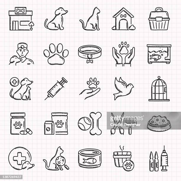 pet shop hand drawn icons set, doodle style vector illustration - pets stock illustrations stock illustrations