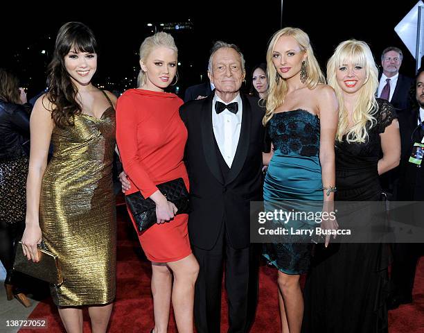 Hugh Hefner with Kristina Shannon , Karissa Shannon and guests arrive at the 2012 MusiCares Person of the Year Tribute to Paul McCartney held at the...