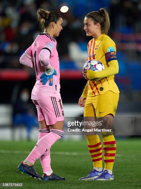 Alexia Putellas of FC Barcelona and Misa Rodriguez of Real Madrid interact during the UEFA Women's Champions League Quarter Final First Leg match...