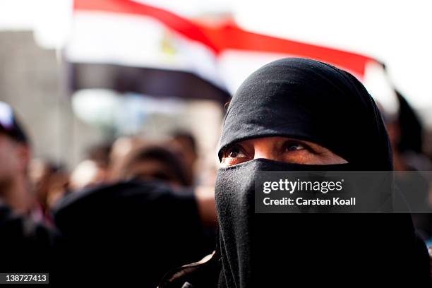 Protesters shout slogans against the military rulers of the country during a protes after the friday praying on Tharir Square on February 10, 2012 in...