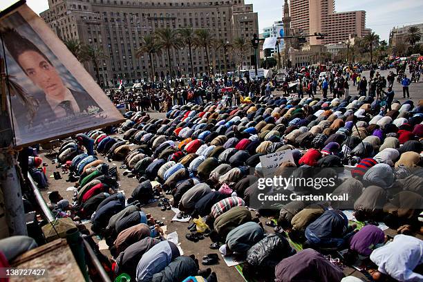 Egyptians attend friday prayers at Tharir Square on February 10, 2012 in Cairo, Egypt. Egyptian people await the upcoming first anniversary of the...