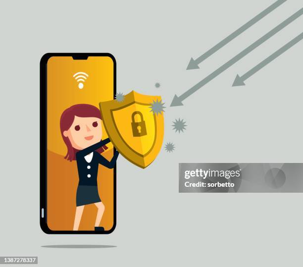 stockillustraties, clipart, cartoons en iconen met businesswoman out from a smart phone with a shield - antivirussoftware