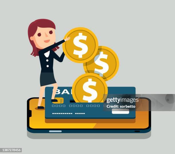 gold coins falling into the bank card - businesswoman - how to make money online stock illustrations