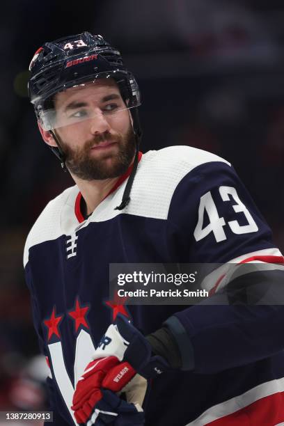 Tom Wilson of the Washington Capitals looks on against the St. Louis Blues during the second period at Capital One Arena on March 22, 2022 in...