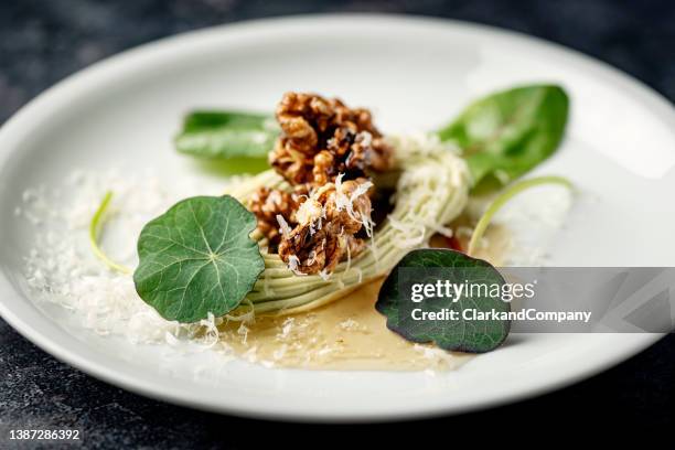 blue cheese moussse with walnuts - dining experience stock pictures, royalty-free photos & images