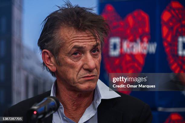 Sean Penn speaks to the media after signing a humanitarian contract with the Mayor of Krakow, Jacek Majchrowski at the City Hall on March 23, 2022 in...