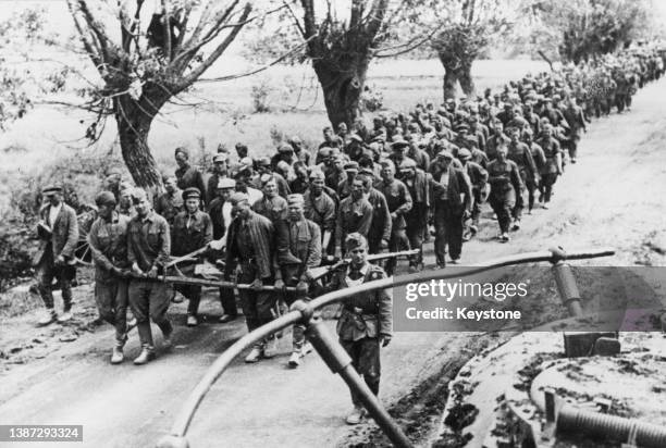 German military police soldier guards a column of Soviet Red Army prisoners of war captured during Operation Barbarossa, the Nazi German invasion of...