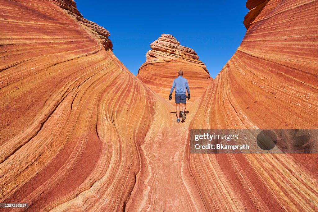 Hiker Exploring The Famous Wave of Coyote Buttes North in the Paria Canyon-Vermilion Cliffs Wilderness of the Colorado Plateau in Southern Utah and Northern Arizona USA
