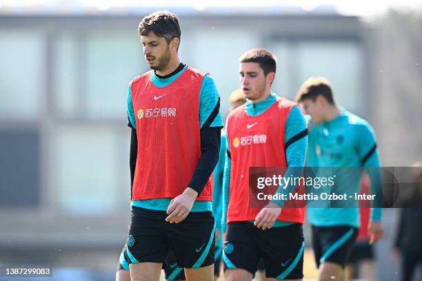 Andrea Ranocchia of FC Internazionale looks on during the FC Internazionale training session at the club's training ground Suning Training Center at...