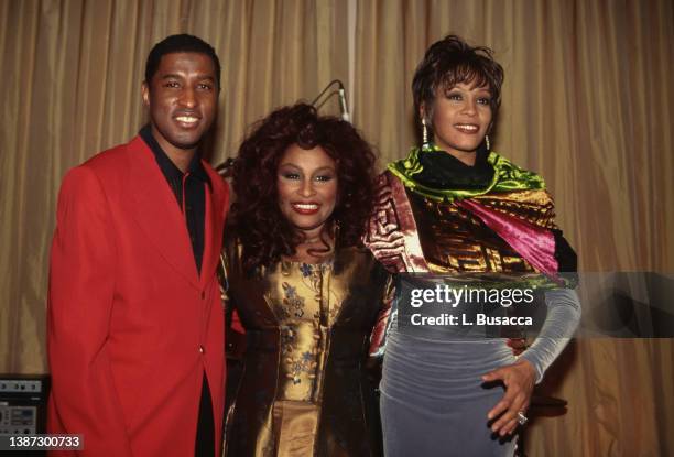 Singers Babyface Edmunds, Chaka Khan and Whitney Houston appear on stage during the The 38th Annual GRAMMY Awards - Arista Records Pre-GRAMMY Party...