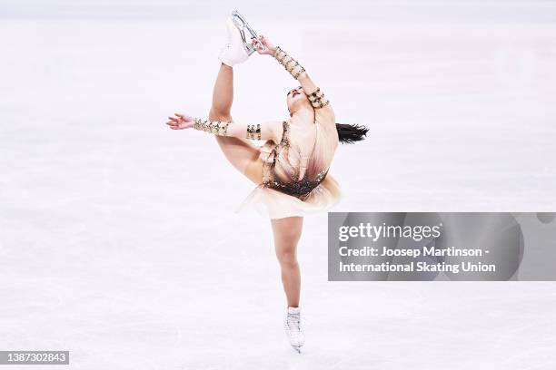 Kaori Sakamoto of Japan competes in the Women´s Short Program during day 1 of the ISU World Figure Skating Championships at Sud de France Arena on...