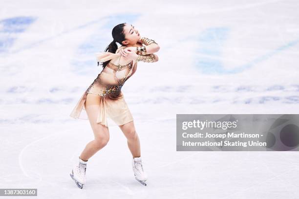 Kaori Sakamoto of Japan competes in the Women´s Short Program during day 1 of the ISU World Figure Skating Championships at Sud de France Arena on...