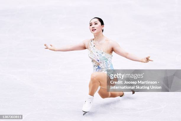 Wakaba Higuchi of Japan competes in the Women´s Short Program during day 1 of the ISU World Figure Skating Championships at Sud de France Arena on...