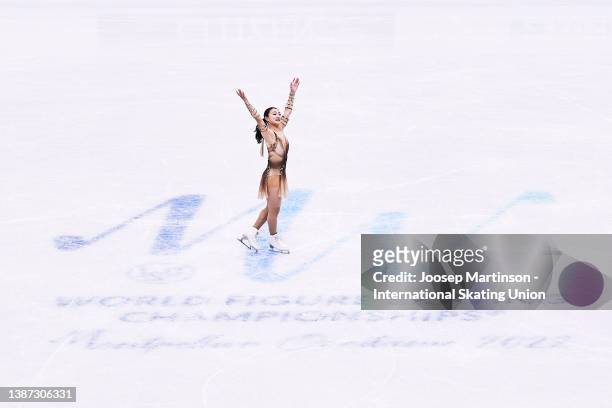 Kaori Sakamoto of Japan competes in the Women´s Short Program during day 1 of the ISU World Figure Skating Championships at Sud de France Arena on...